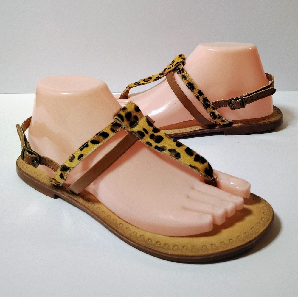 Naughty Monkey Women's Cowhide Leather Toe Post Leopard Slingback Flat Sandals 8
